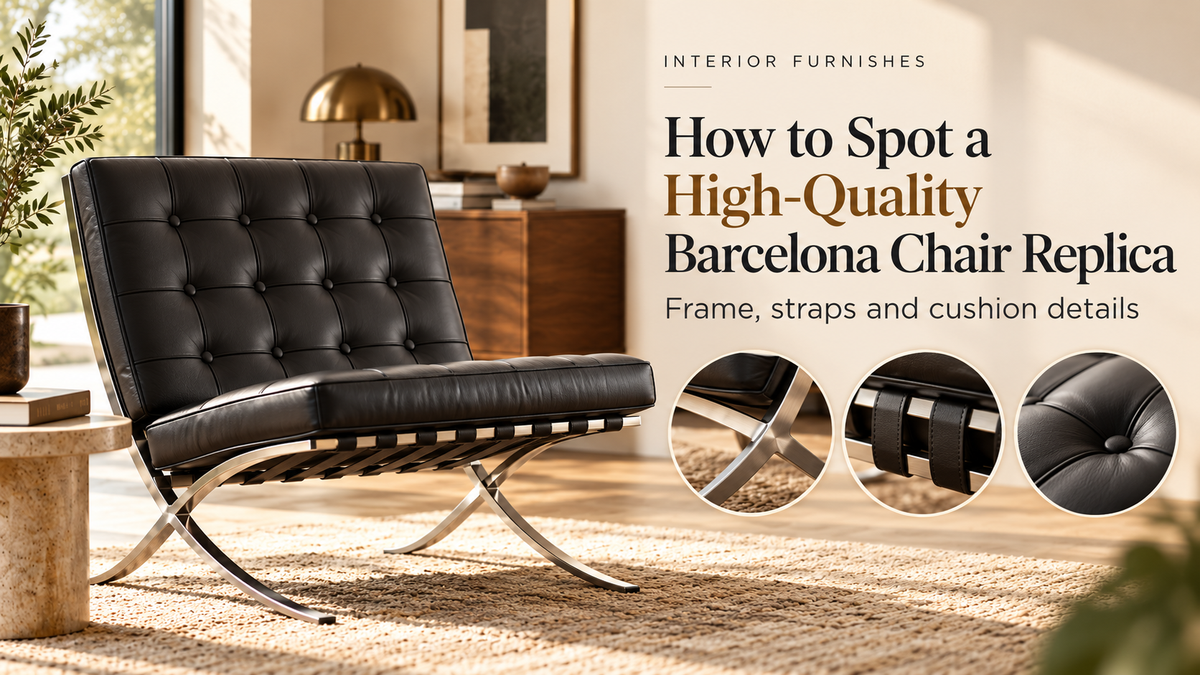 Barcelona chair replica quality guide showing frame straps and cushion details