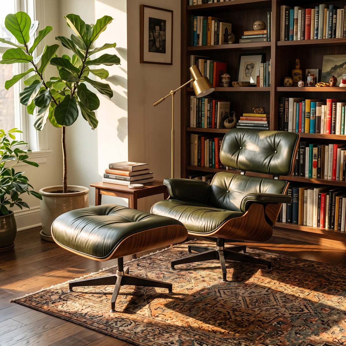 Eames Lounge Chair Replica & Ottoman - Olive Green Waxed Leather, Black Base