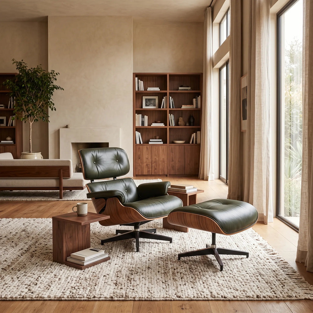 Eames Lounge Chair Replica & Ottoman - Olive Green Waxed Leather, Black Base