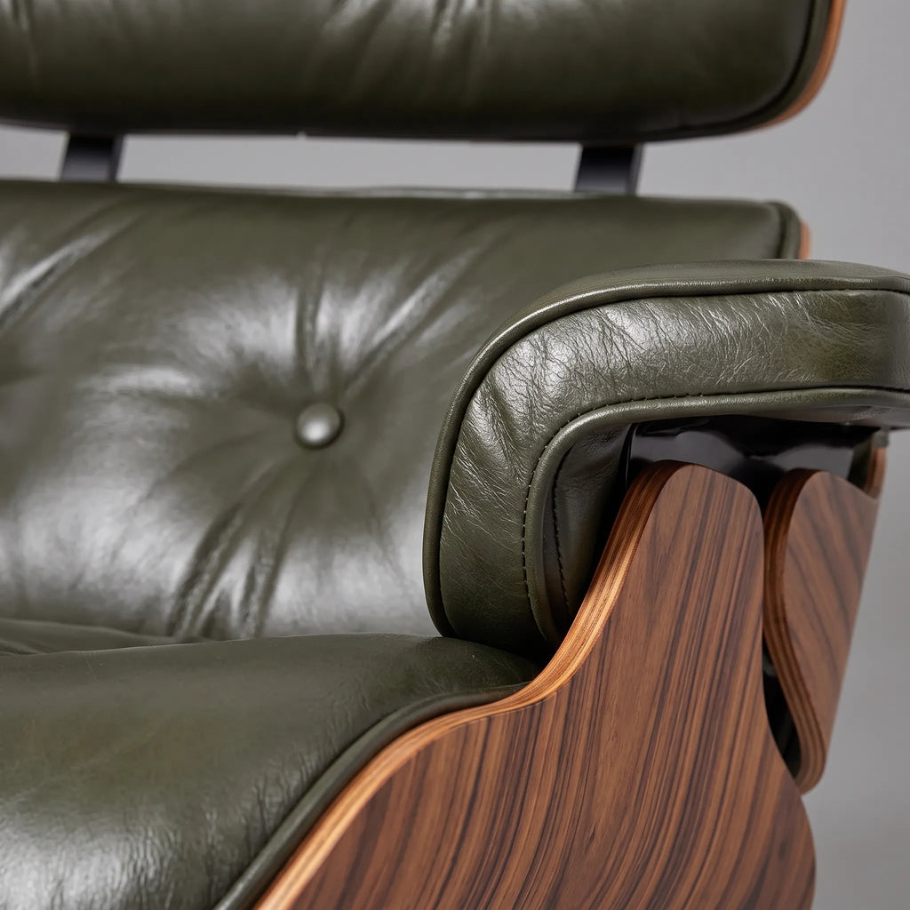 Eames Lounge Chair Replica & Ottoman - Olive Green Waxed Leather, Black Base