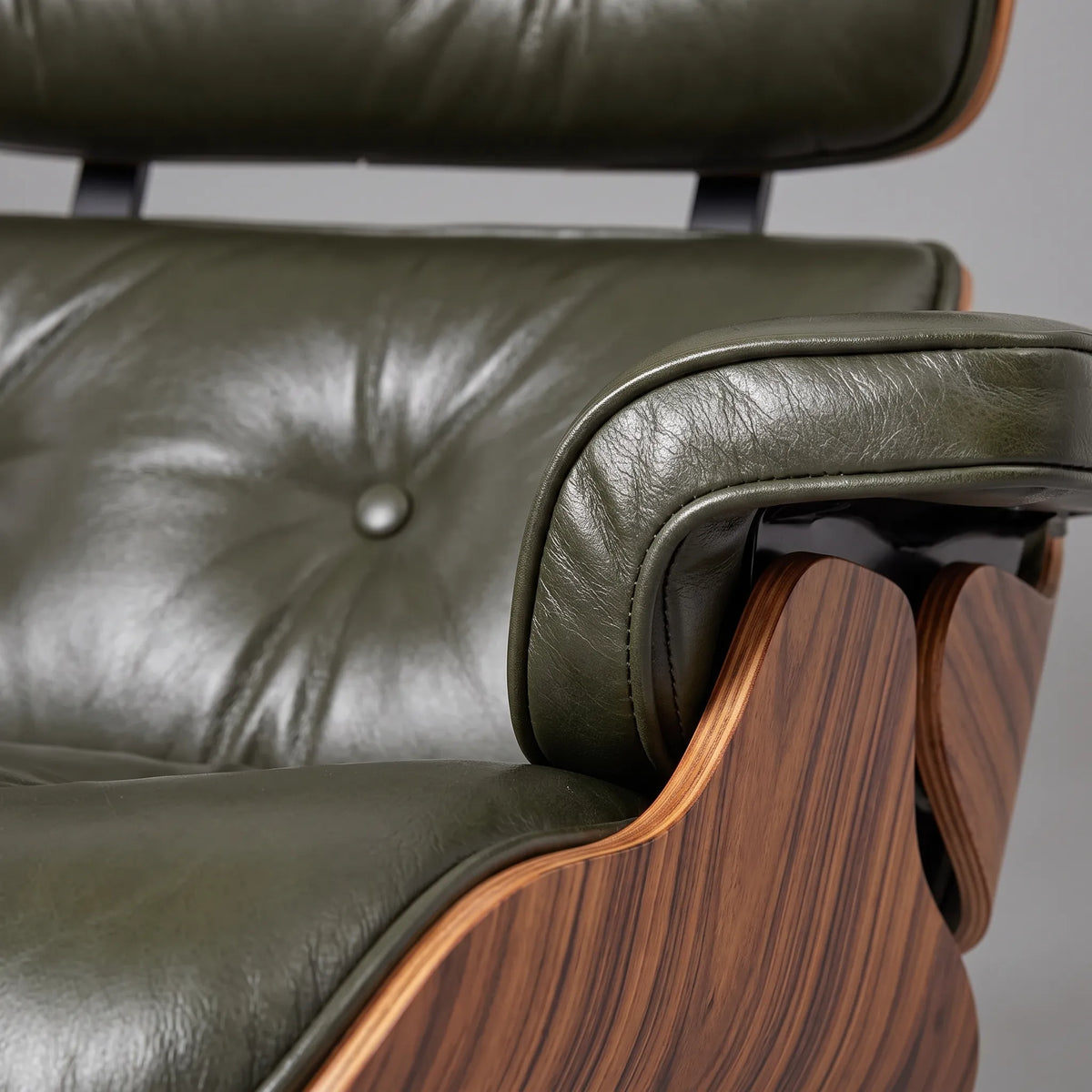 Eames Lounge Chair Replica & Ottoman - Olive Green Waxed Leather, Black Base
