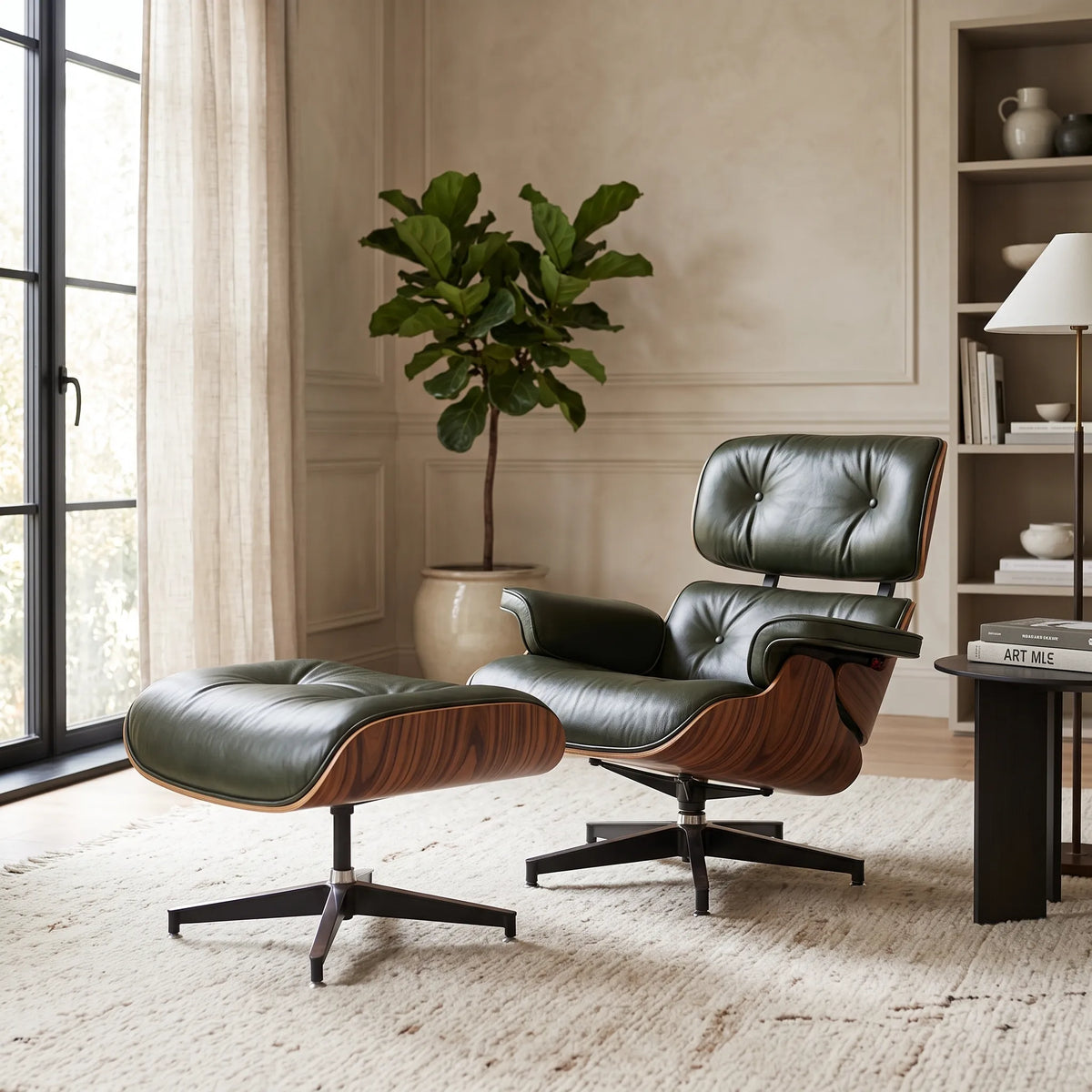 Eames Lounge Chair Replica & Ottoman - Olive Green Waxed Leather, Black Base