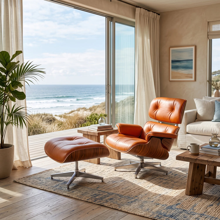 Eames Lounge Chair Replica & Ottoman - Camel Brown Waxed Leather, Chrome Base