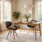 Wood-look dining chair placed beside a modern dining table