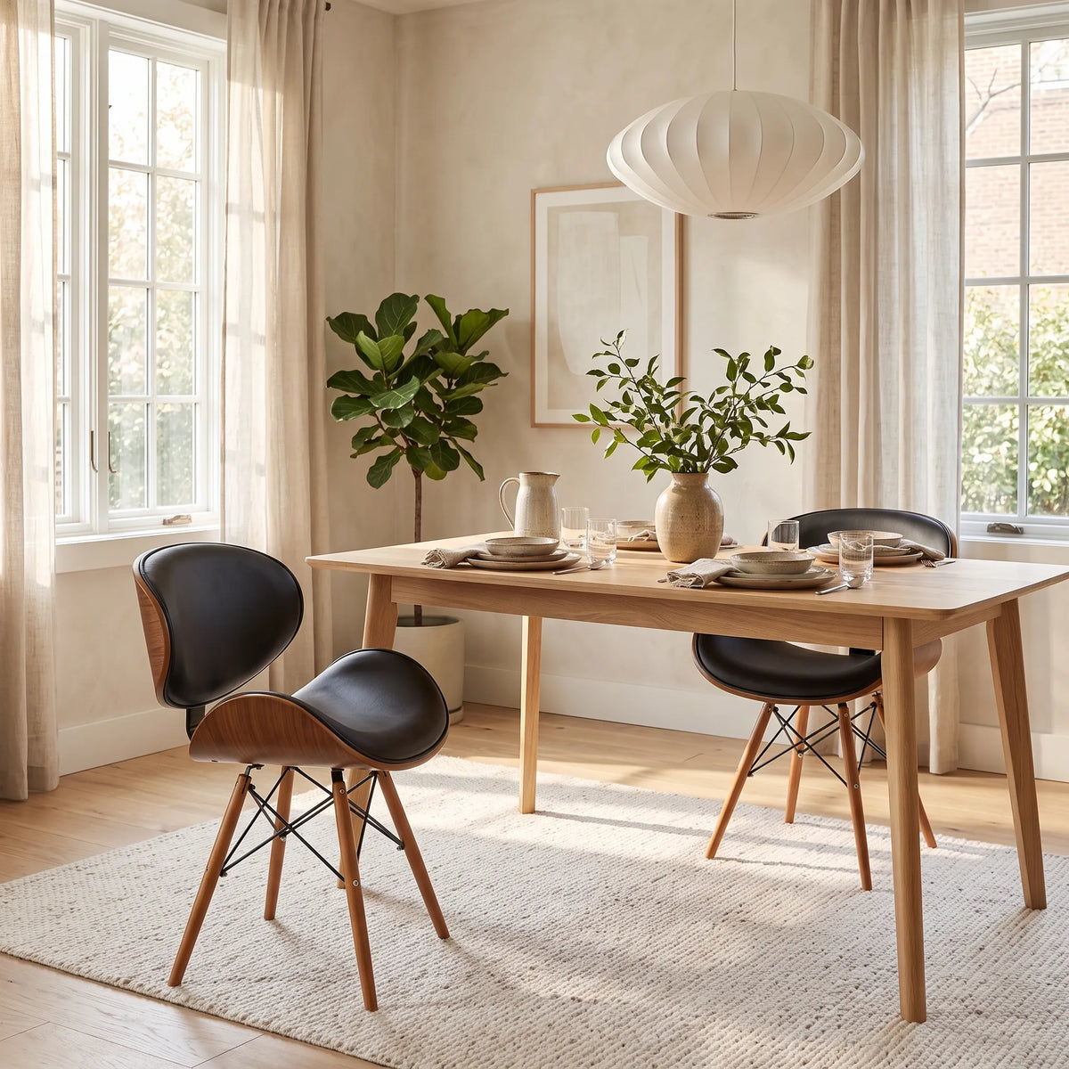 Wood-look dining chair placed beside a modern dining table