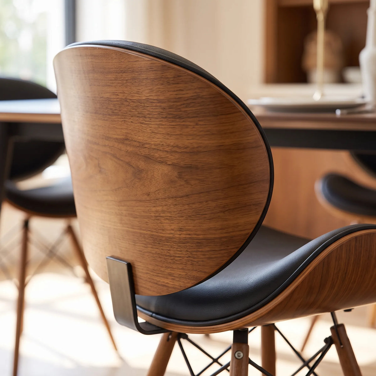 Close-up detail showing wood-grain finish on dining chair backrest