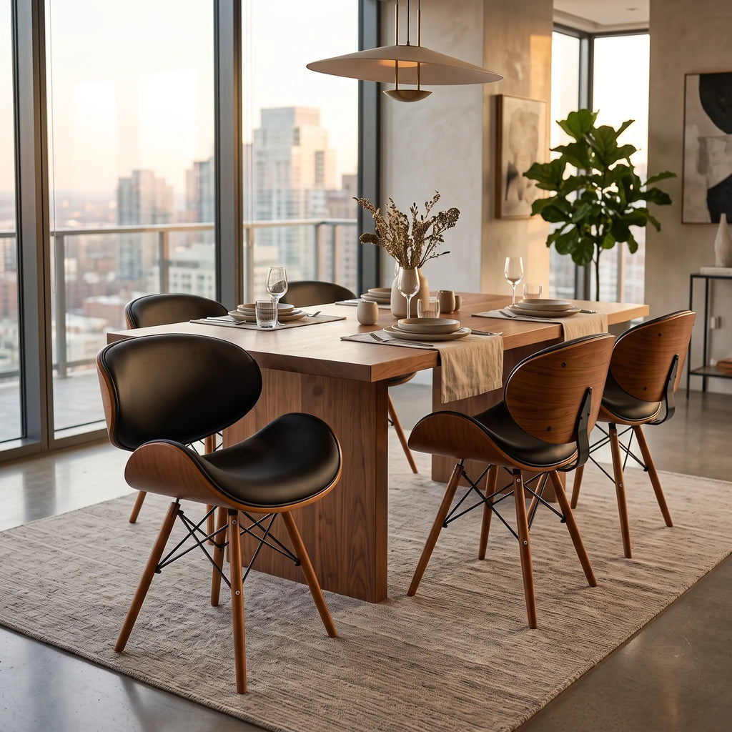 Modern wood-look dining chair beside a wooden table in a contemporary interior