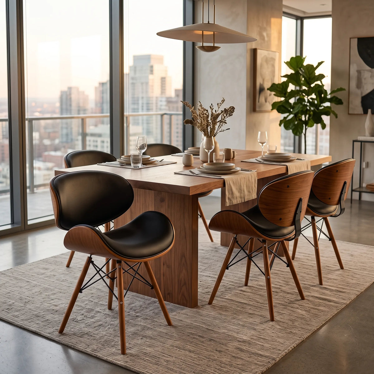 Modern wood-look dining chair beside a wooden table in a contemporary interior