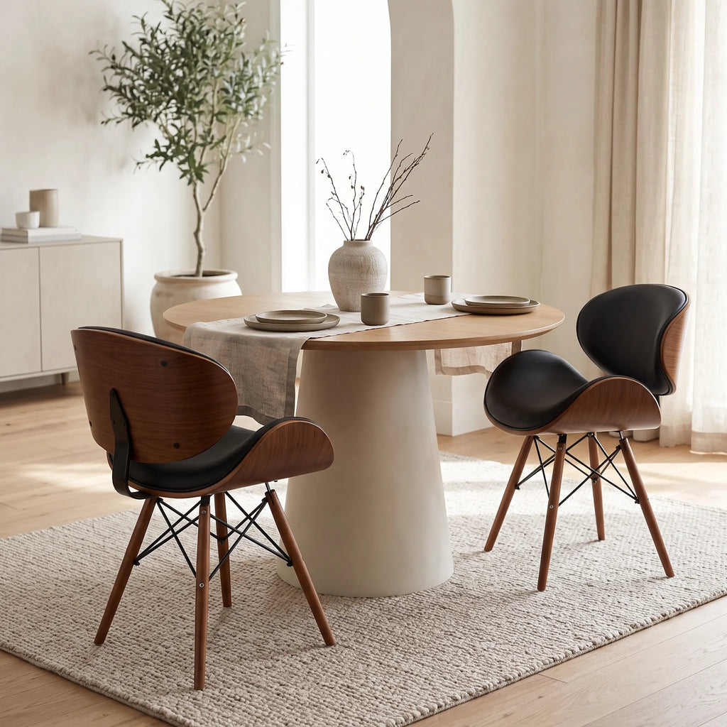 Modern wood-look dining chairs arranged around a dining table