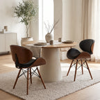 Modern wood-look dining chairs arranged around a dining table