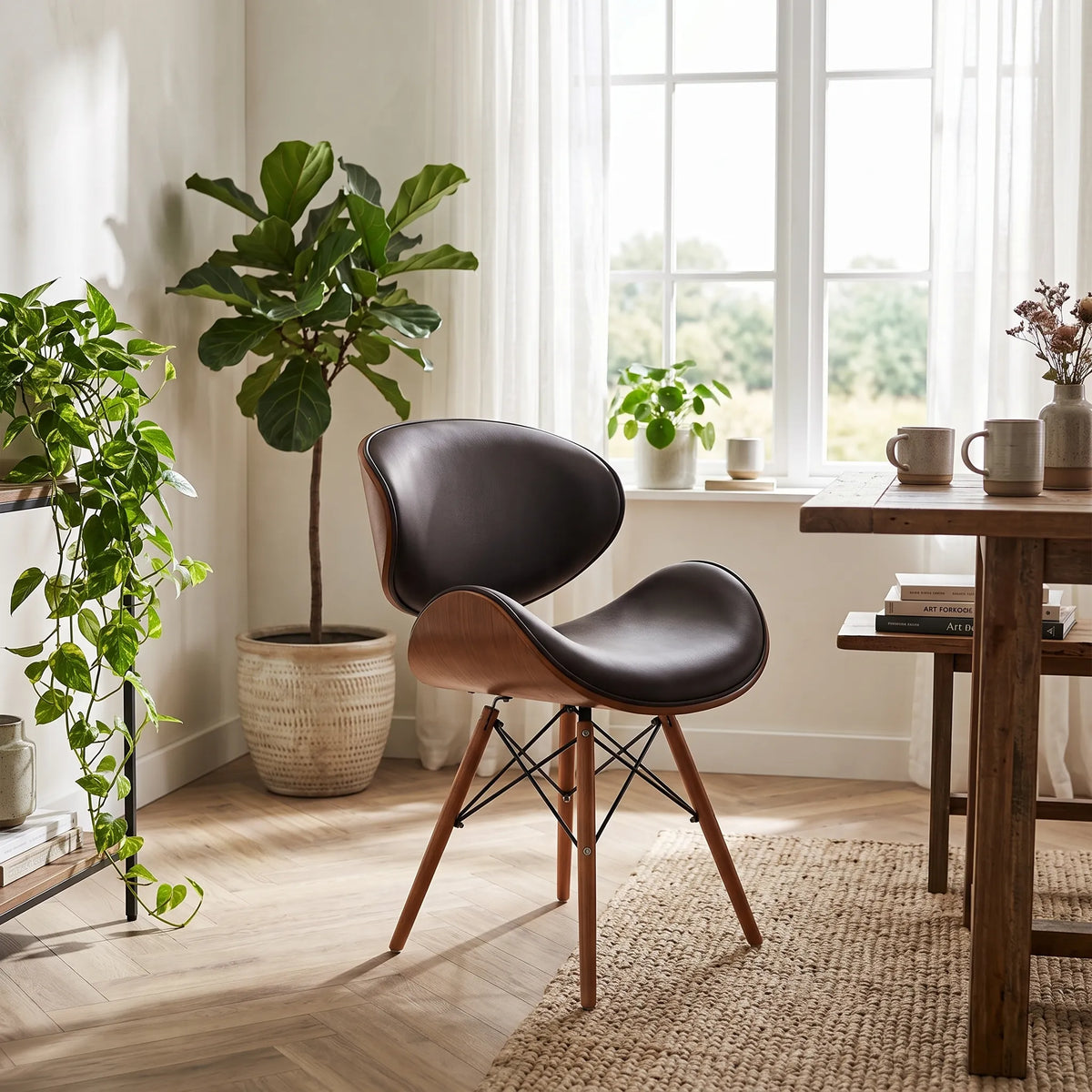 Wood-finish dining chair styled in a contemporary home interior