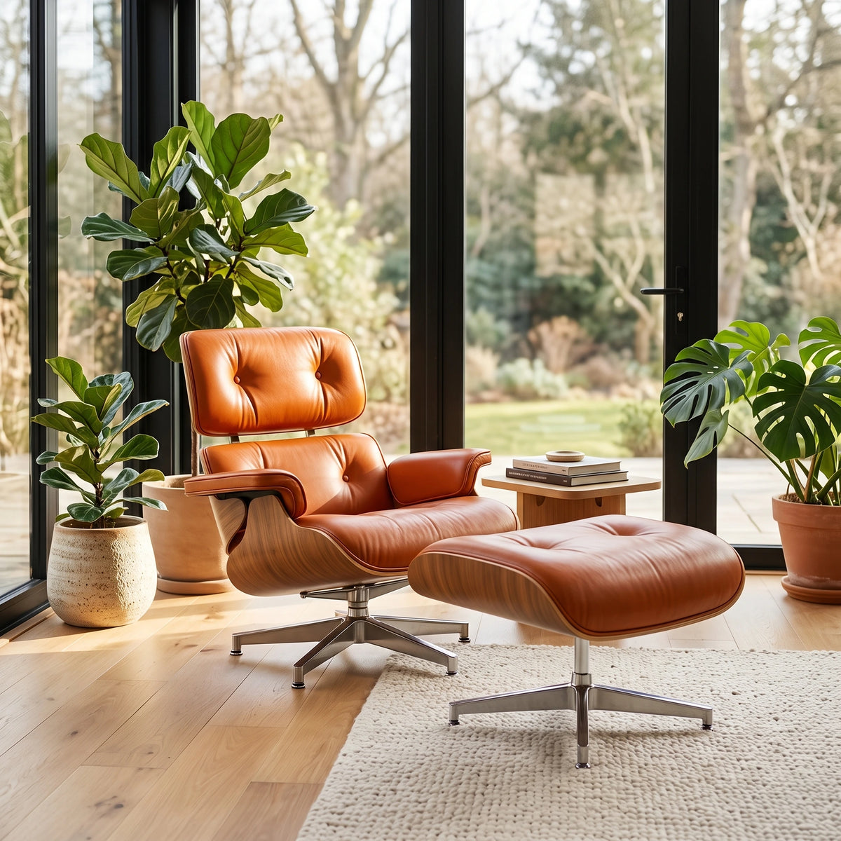 Eames Lounge Chair Replica & Ottoman - Camel Brown Waxed Leather, Chrome Base