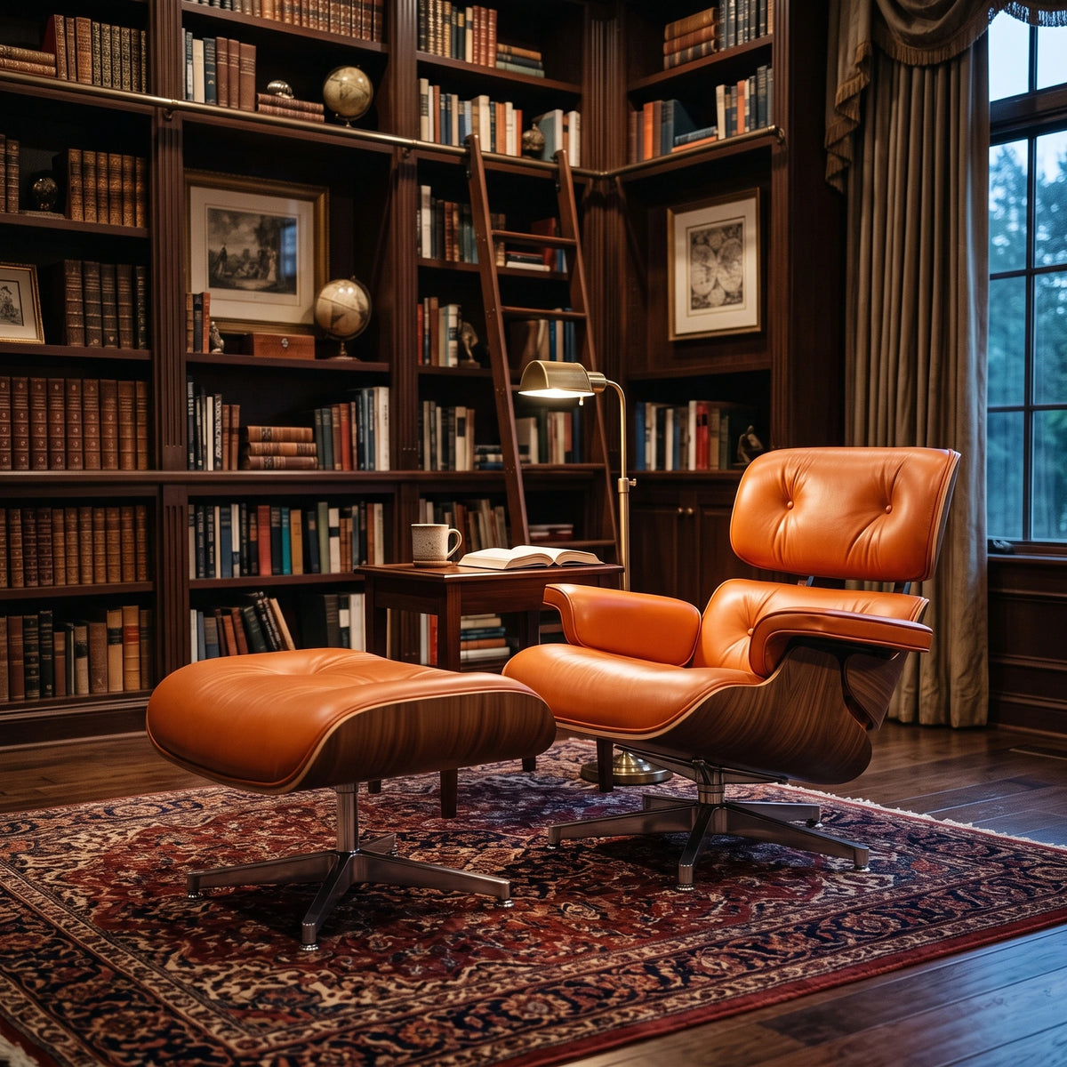 Eames Lounge Chair Replica & Ottoman - Camel Brown Waxed Leather, Chrome Base