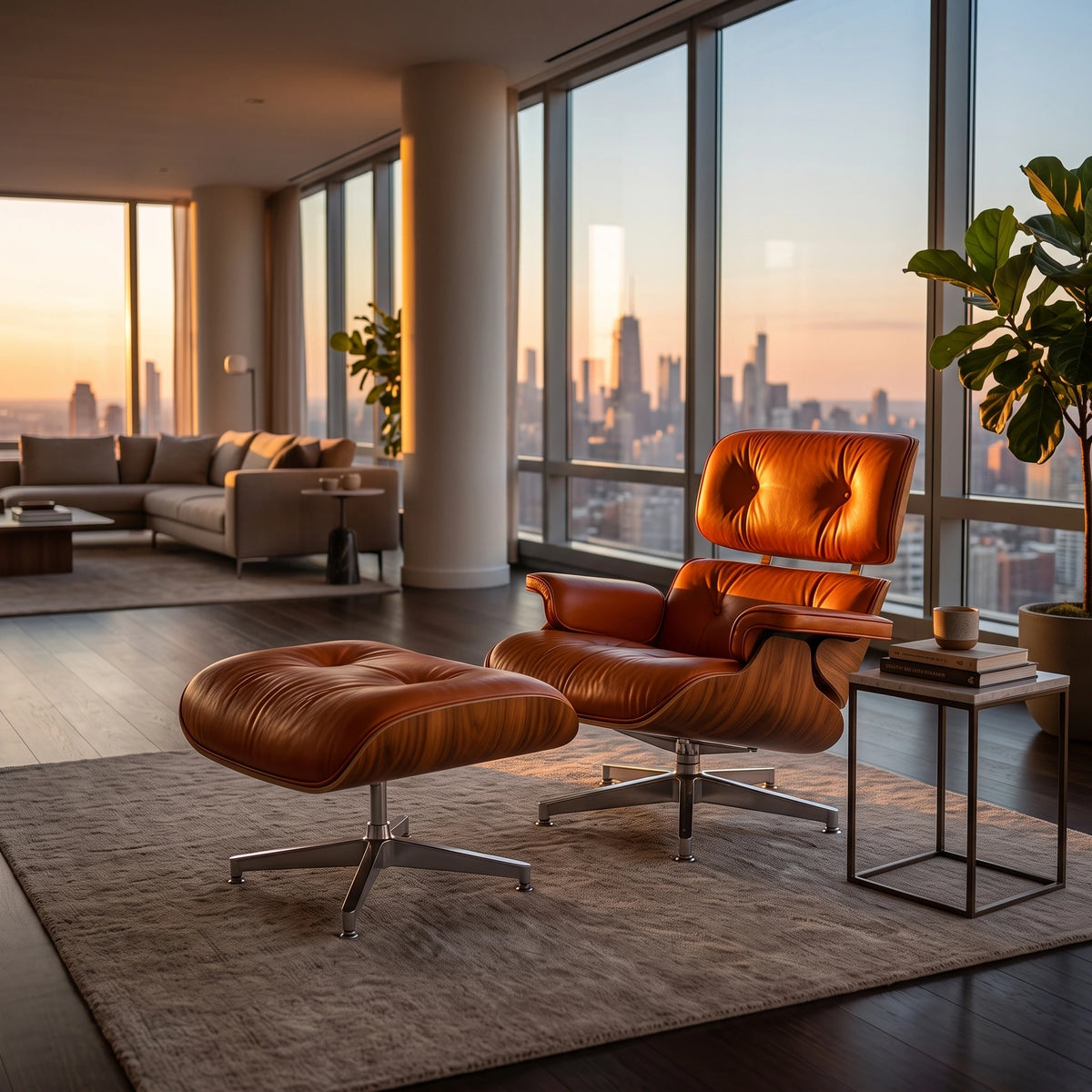 Eames Lounge Chair Replica & Ottoman - Camel Brown Waxed Leather, Chrome Base