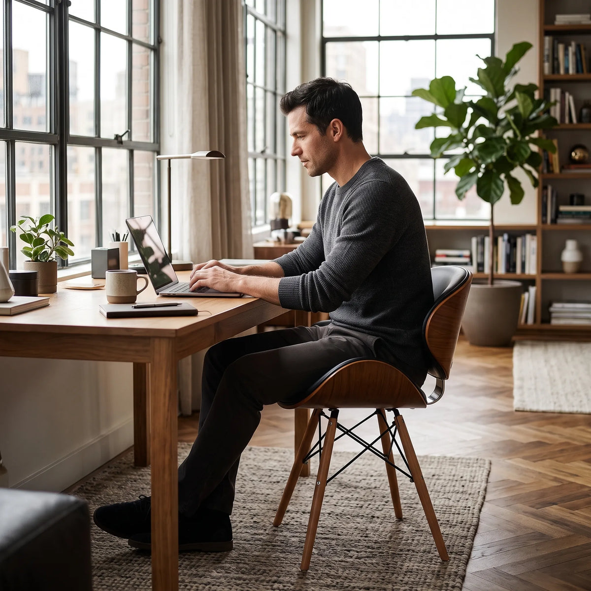 Person seated at a desk with a modern wood-look dining chair