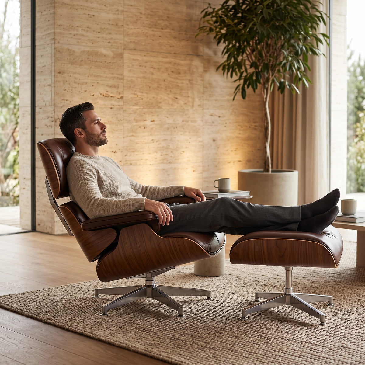 Eames Lounge Chair Replica & Ottoman - Vintage Tan Waxed Leather, Chrome Base
