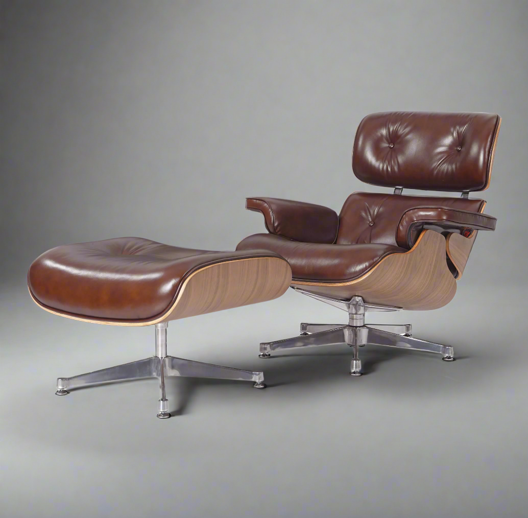 Eames Lounge Chair and Ottoman – Vintage Tan Waxed Leather / Chrome Base