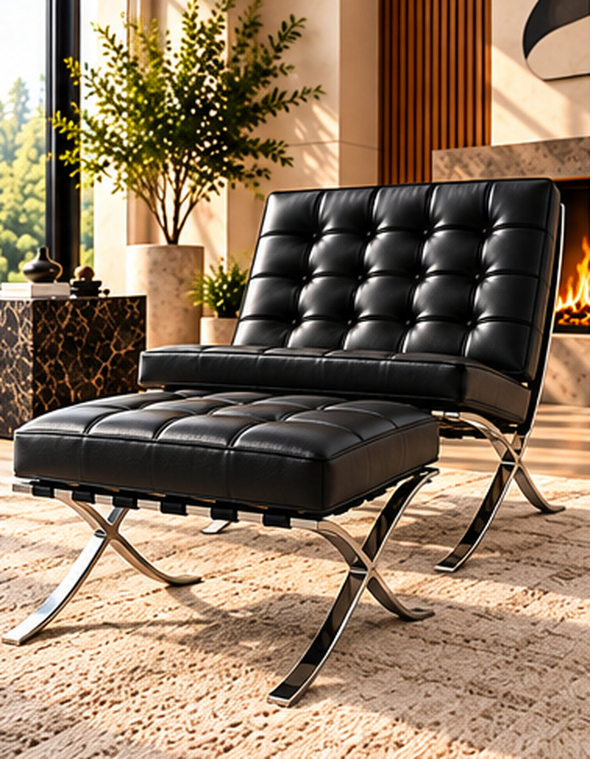 Barcelona chair and matching ottoman - black