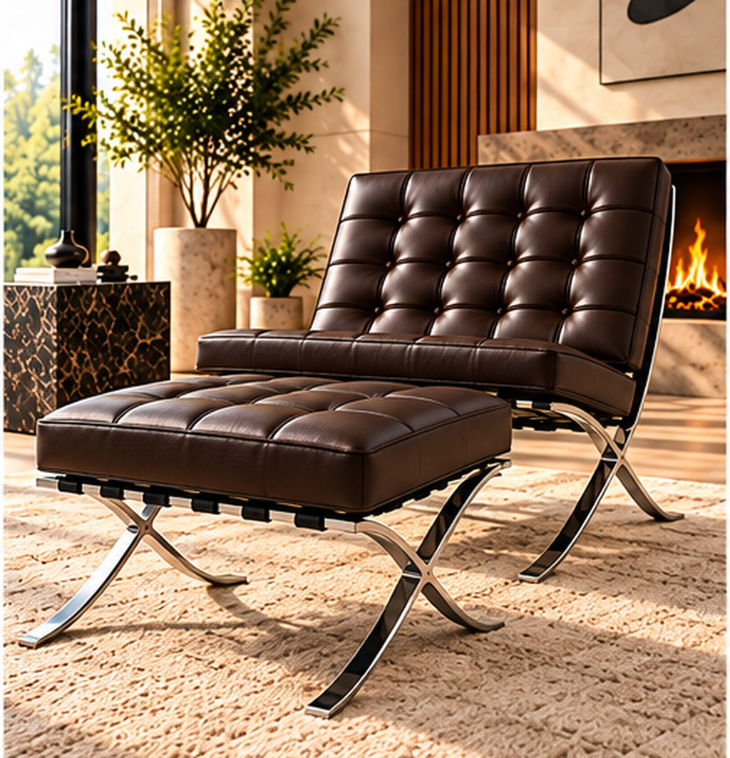 Barcelona chair and matching ottoman - chocolate brown