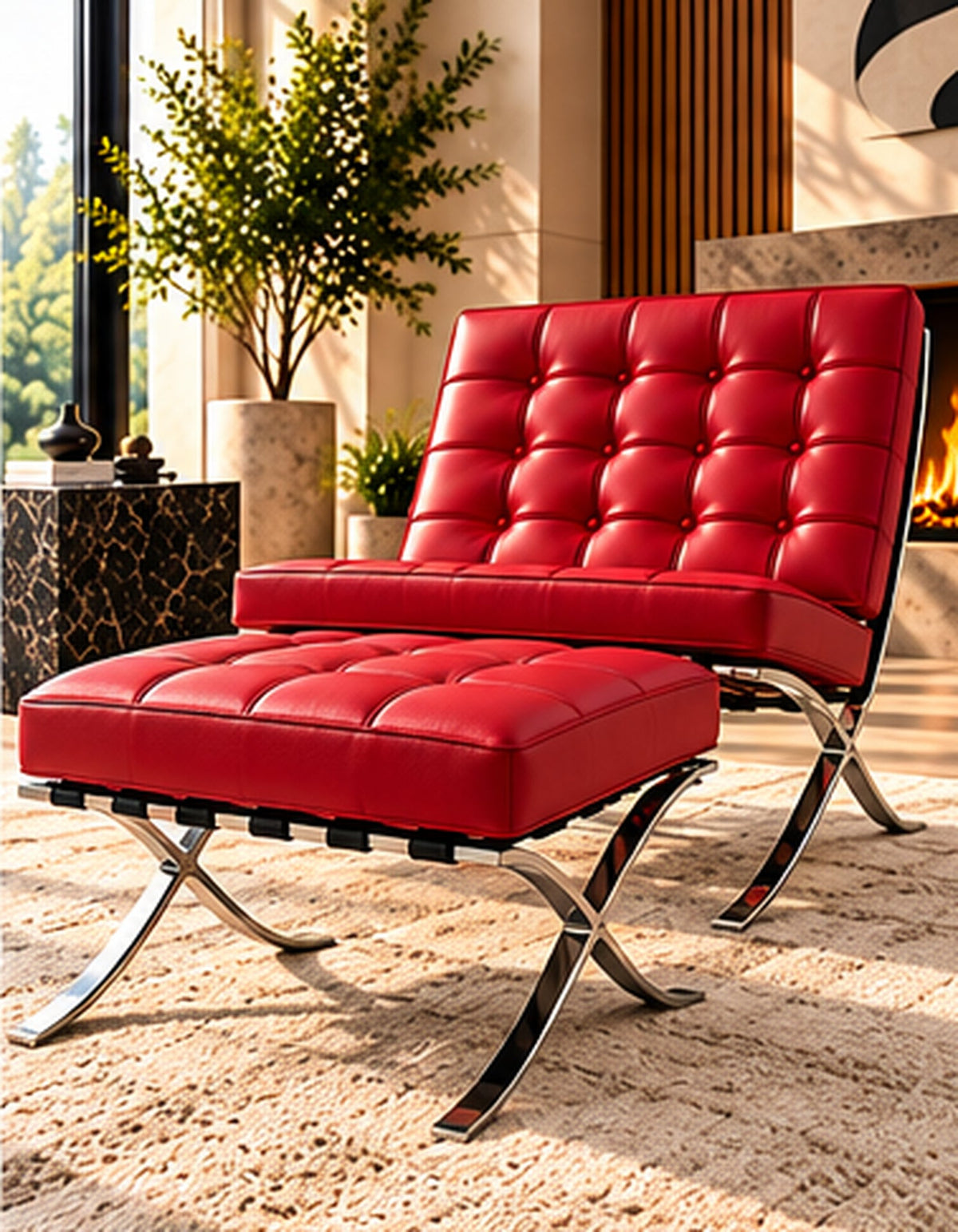 Barcelona chair and matching ottoman - red