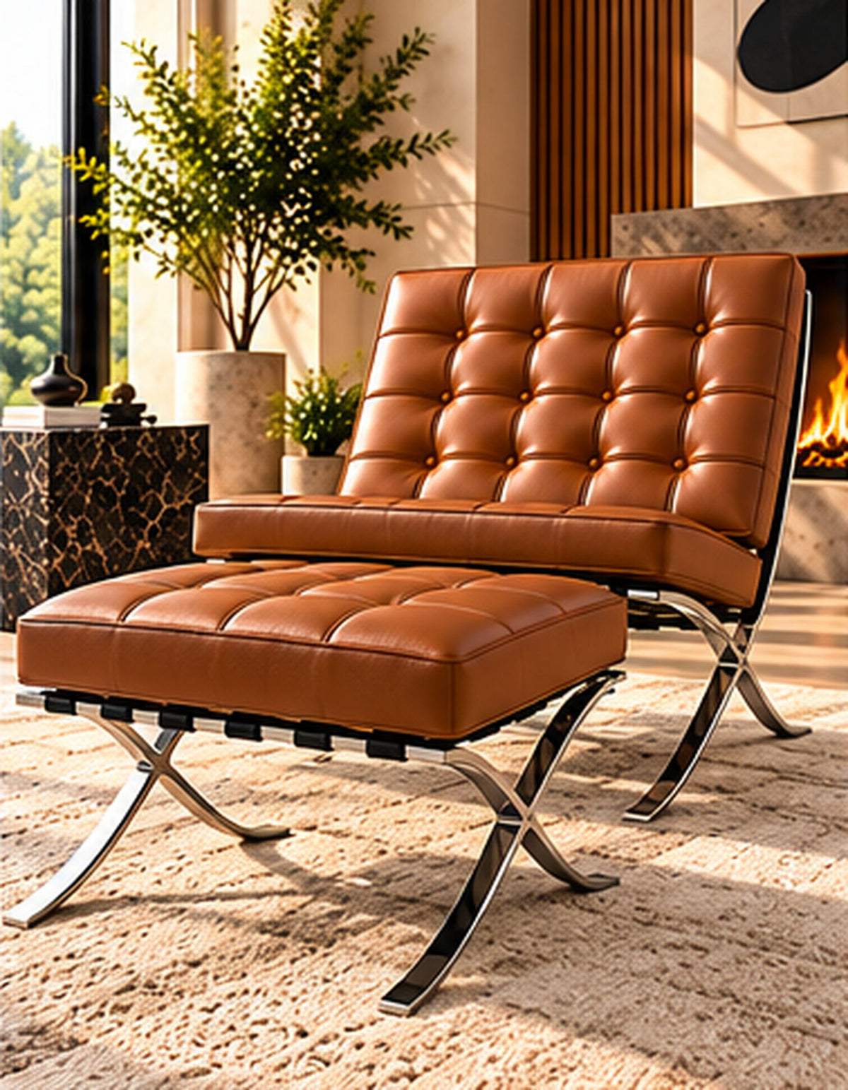 Barcelona chair and matching ottoman - tan brown
