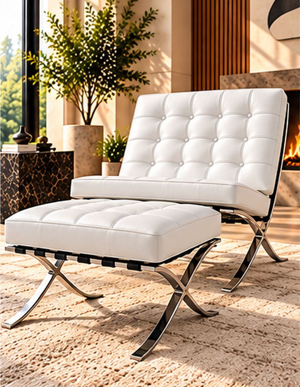 Barcelona chair and matching ottoman - white