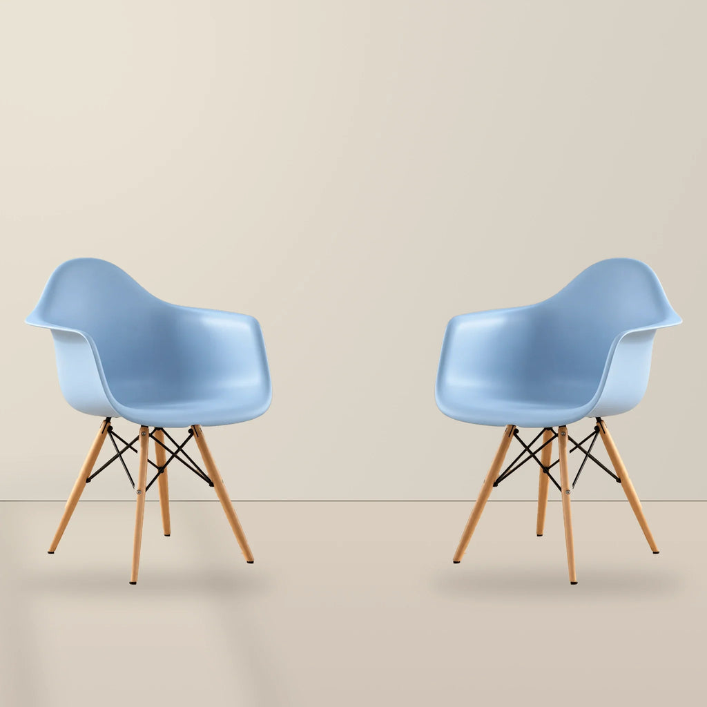 Two light blue Eames DAW dining armchairs with beech wood legs, illustrative studio set of 2