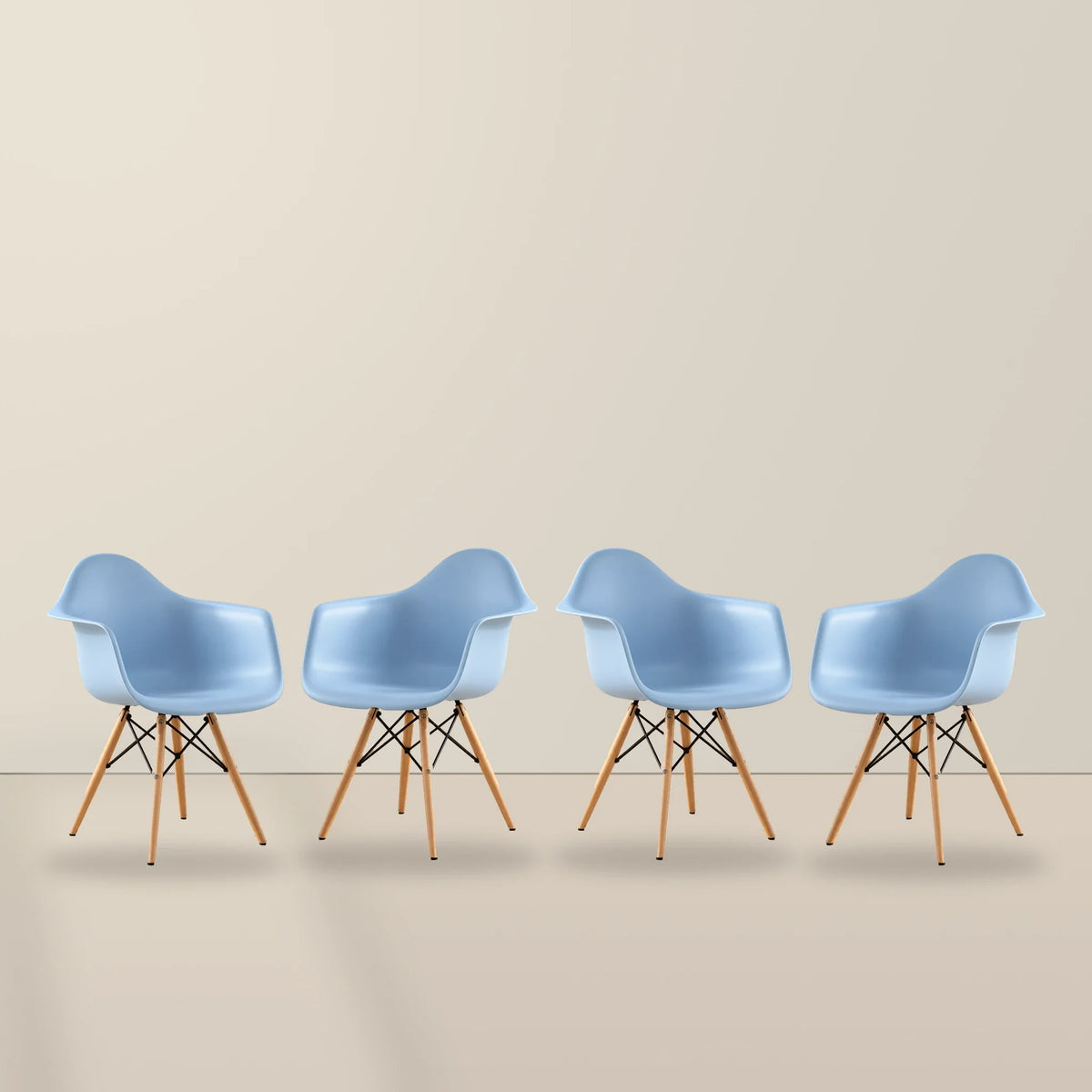 Four light blue Eames DAW dining armchairs with beech wood legs, illustrative studio set of 4