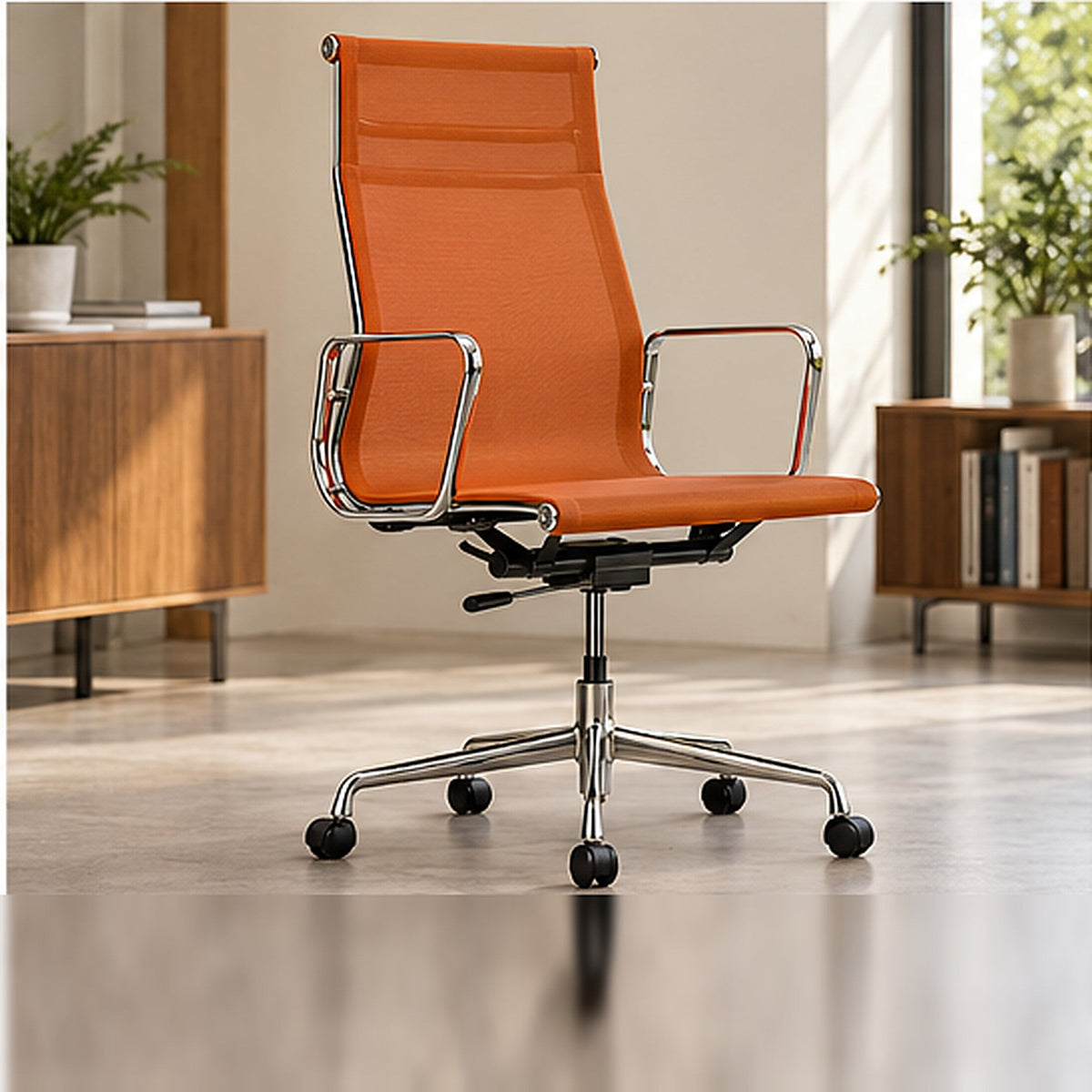 EA117/EA119 Mesh Chair — EA 119 – High Back / Orange / Chrome Frame — premium lifestyle photo