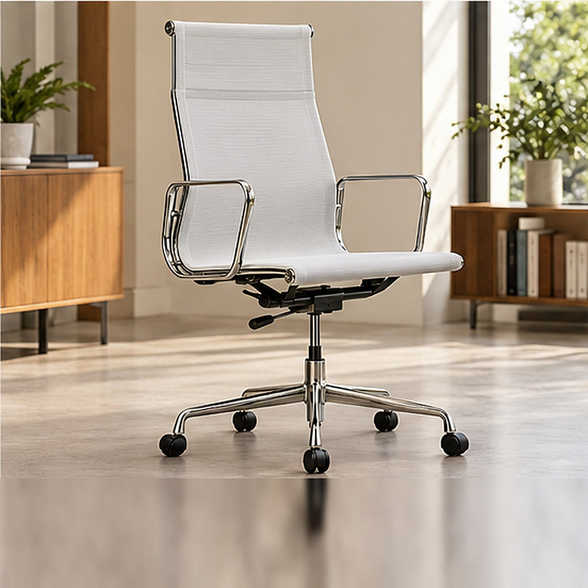 EA117/EA119 Mesh Chair — EA 119 – High Back / White / Chrome Frame — premium lifestyle photo