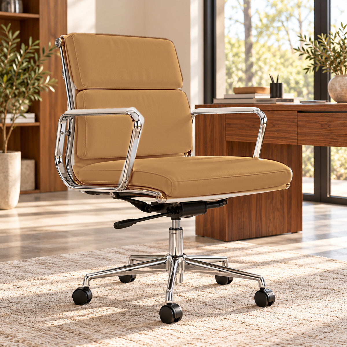 EA217 Low Back Soft Pad Chair – Camel / Chrome Frame – premium lifestyle photo