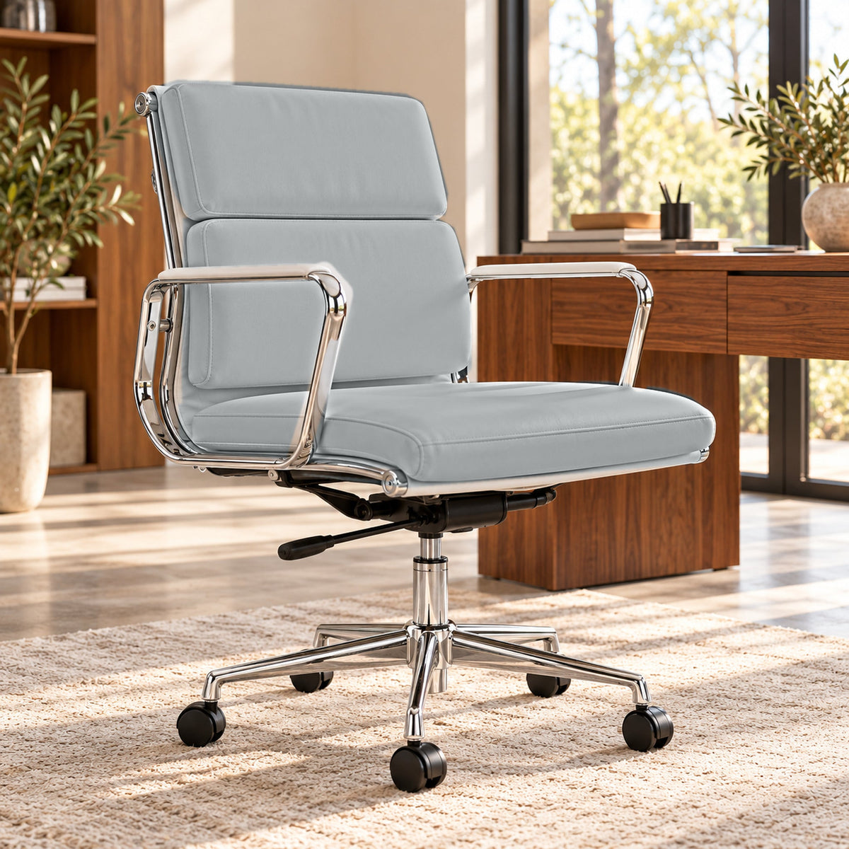 EA217 Low Back Soft Pad Chair – Light Grey / Chrome Frame – premium lifestyle photo
