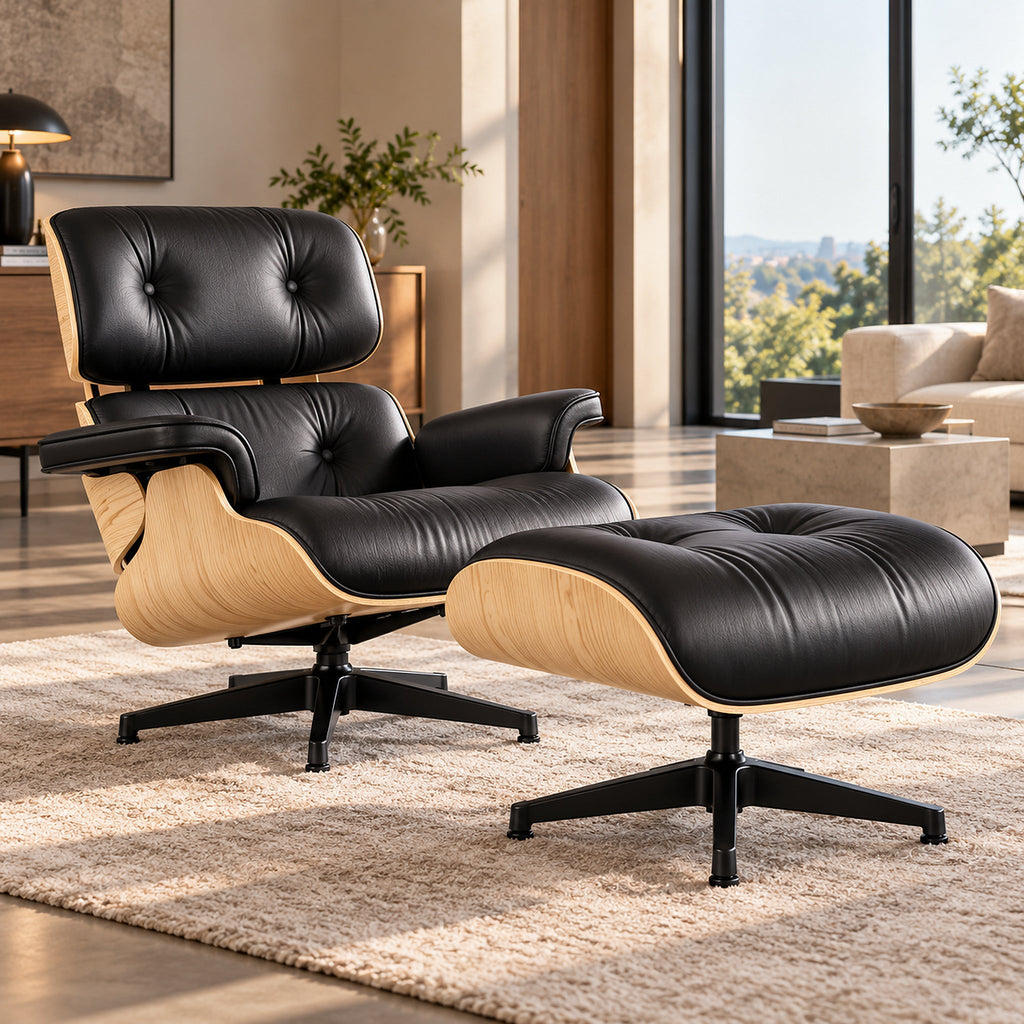Eames Lounge Chair Replica & Ottoman – Natural Ash Wood – Black / Black Base – premium lifestyle photo