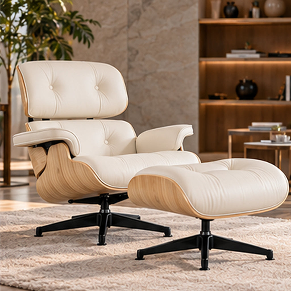 Eames Lounge Chair Replica & Ottoman – Natural Ash Wood – White / Black Base – premium lifestyle photo