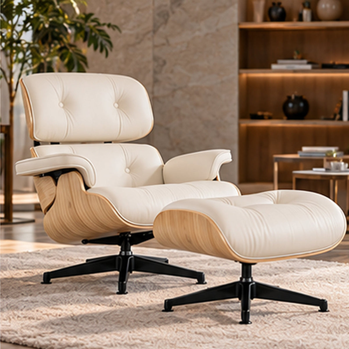 Eames Lounge Chair Replica & Ottoman – Natural Ash Wood – White / Black Base – premium lifestyle photo