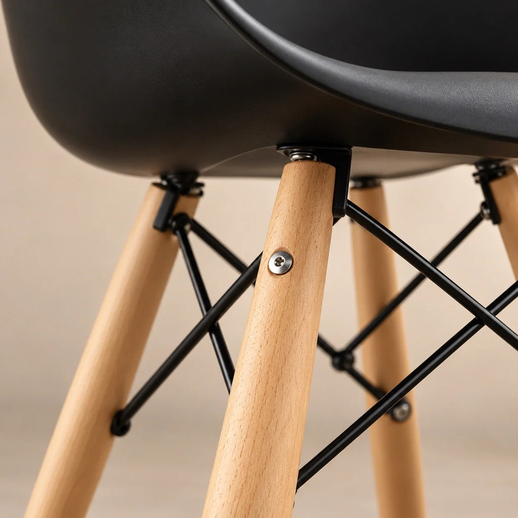 Eames DAW beech leg and black metal bracing detail