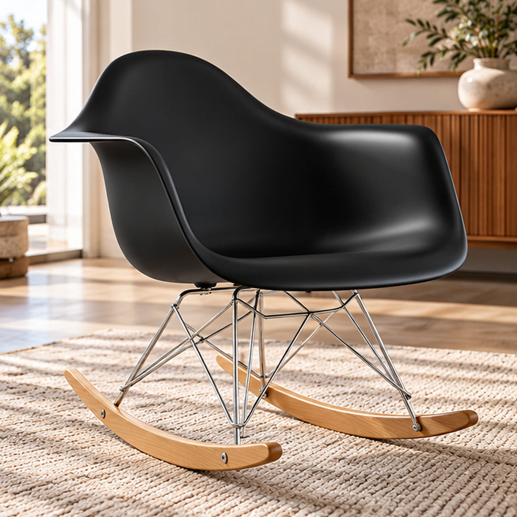 Eames RAR Rocking Armchair – Black / Chrome & Wood Runners – premium lifestyle photo