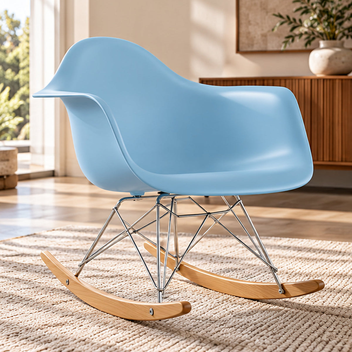 Eames RAR Rocking Armchair – Light Blue / Chrome & Wood Runners – premium lifestyle photo