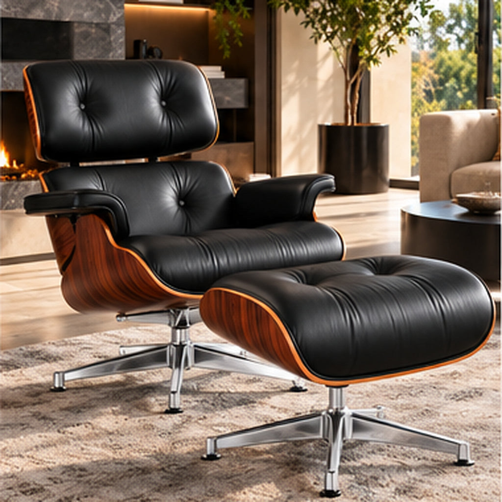 Eames Lounge Chair Replica & Ottoman – Rosewood Finish – Black / Chrome Base – lifestyle photo