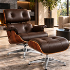Eames Lounge Chair Replica & Ottoman – Rosewood Finish – Chocolate Brown / Chrome Base – lifestyle photo