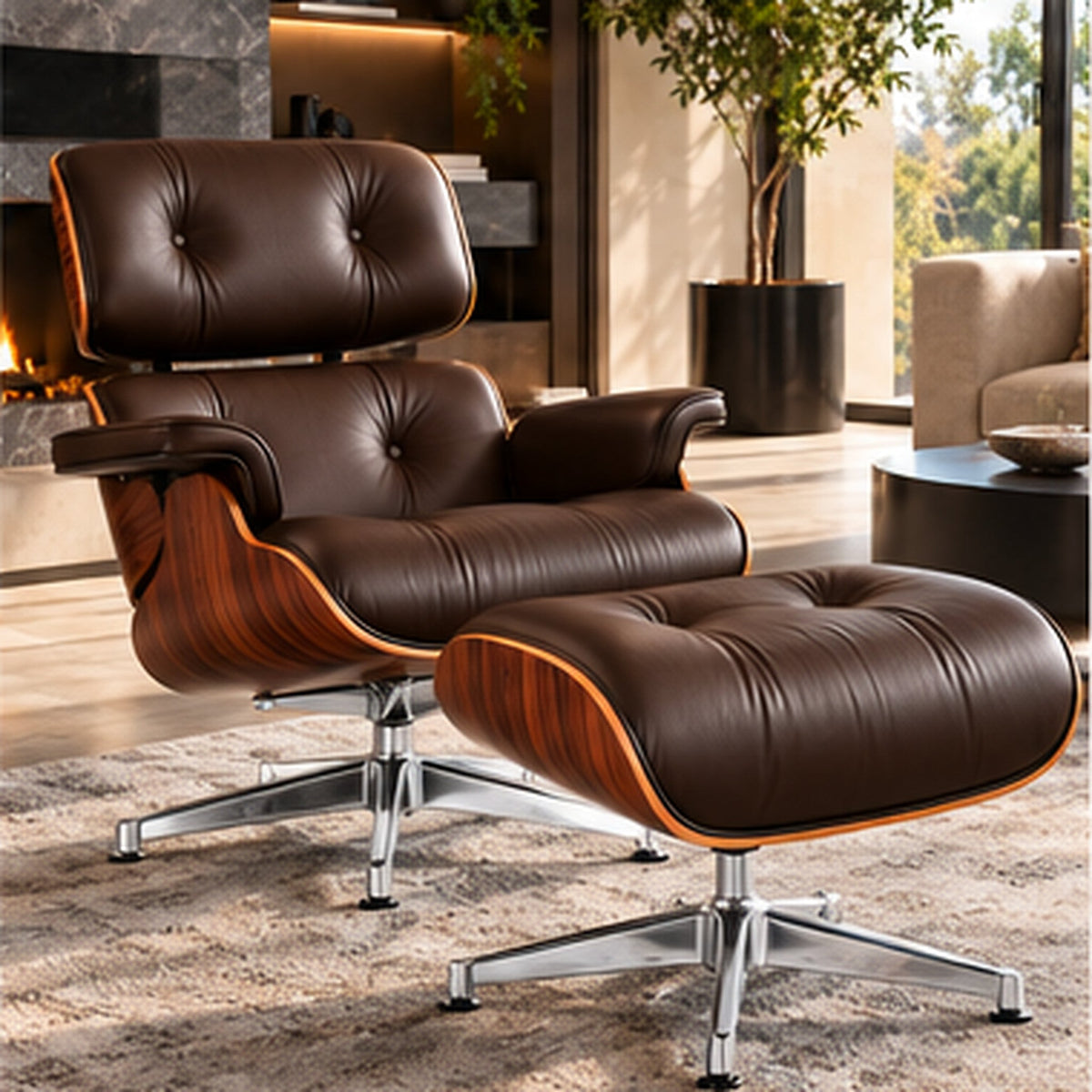 Eames Lounge Chair Replica & Ottoman – Rosewood Finish – Chocolate Brown / Chrome Base – lifestyle photo