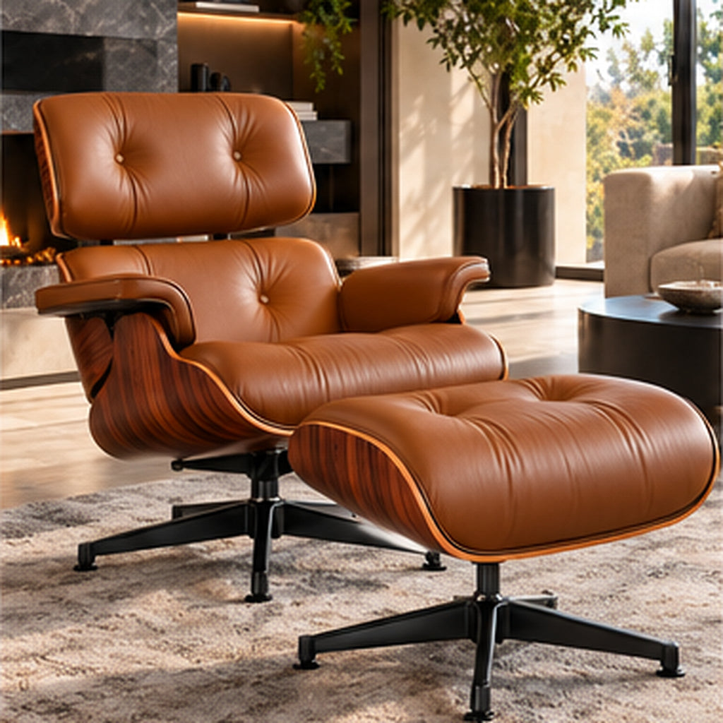 Eames Lounge Chair Replica & Ottoman – Rosewood Finish – Tan Brown / Black Base – lifestyle photo