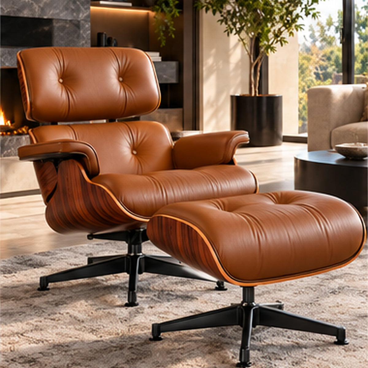 Eames Lounge Chair Replica & Ottoman – Rosewood Finish – Tan Brown / Black Base – lifestyle photo