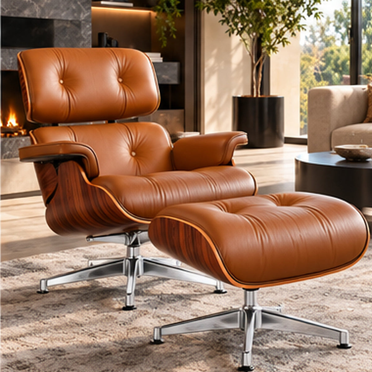 Eames Lounge Chair Replica & Ottoman – Rosewood Finish – Tan Brown / Chrome Base – lifestyle photo