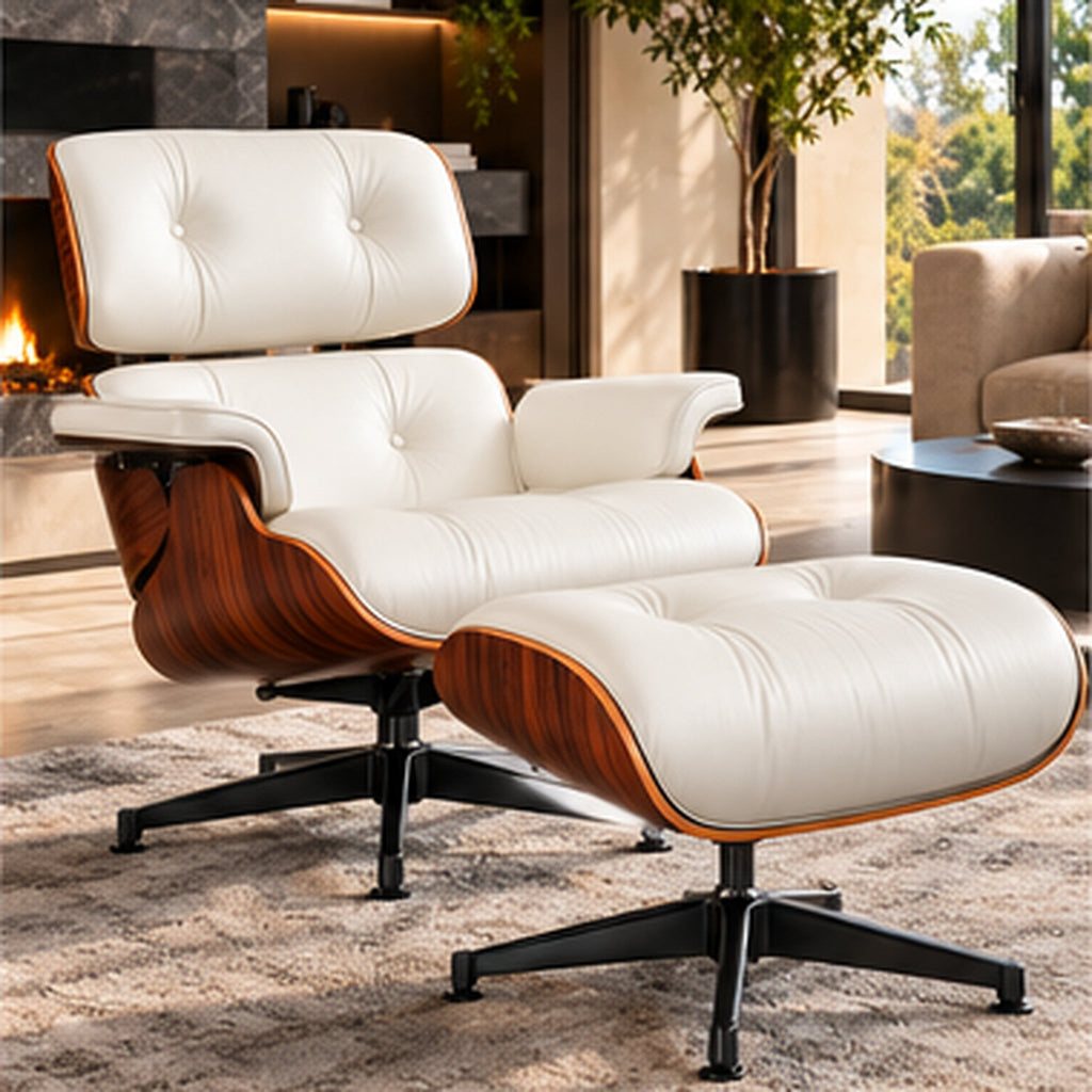 Eames Lounge Chair Replica & Ottoman – Rosewood Finish – White / Black Base – lifestyle photo