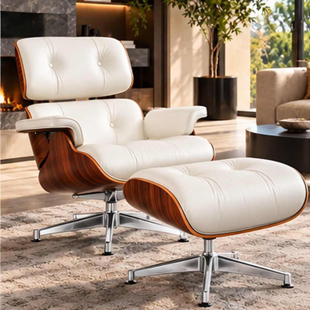 Eames Lounge Chair Replica & Ottoman – Rosewood Finish – White / Chrome Base – lifestyle photo