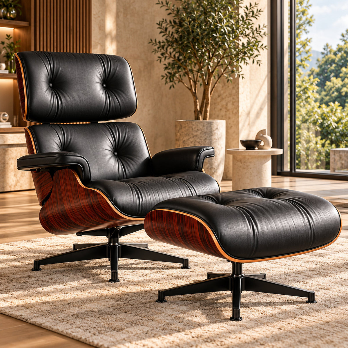 Eames Lounge Chair Replica & Matching Ottoman – Tall Version / Black / Rosewood – premium lifestyle photo