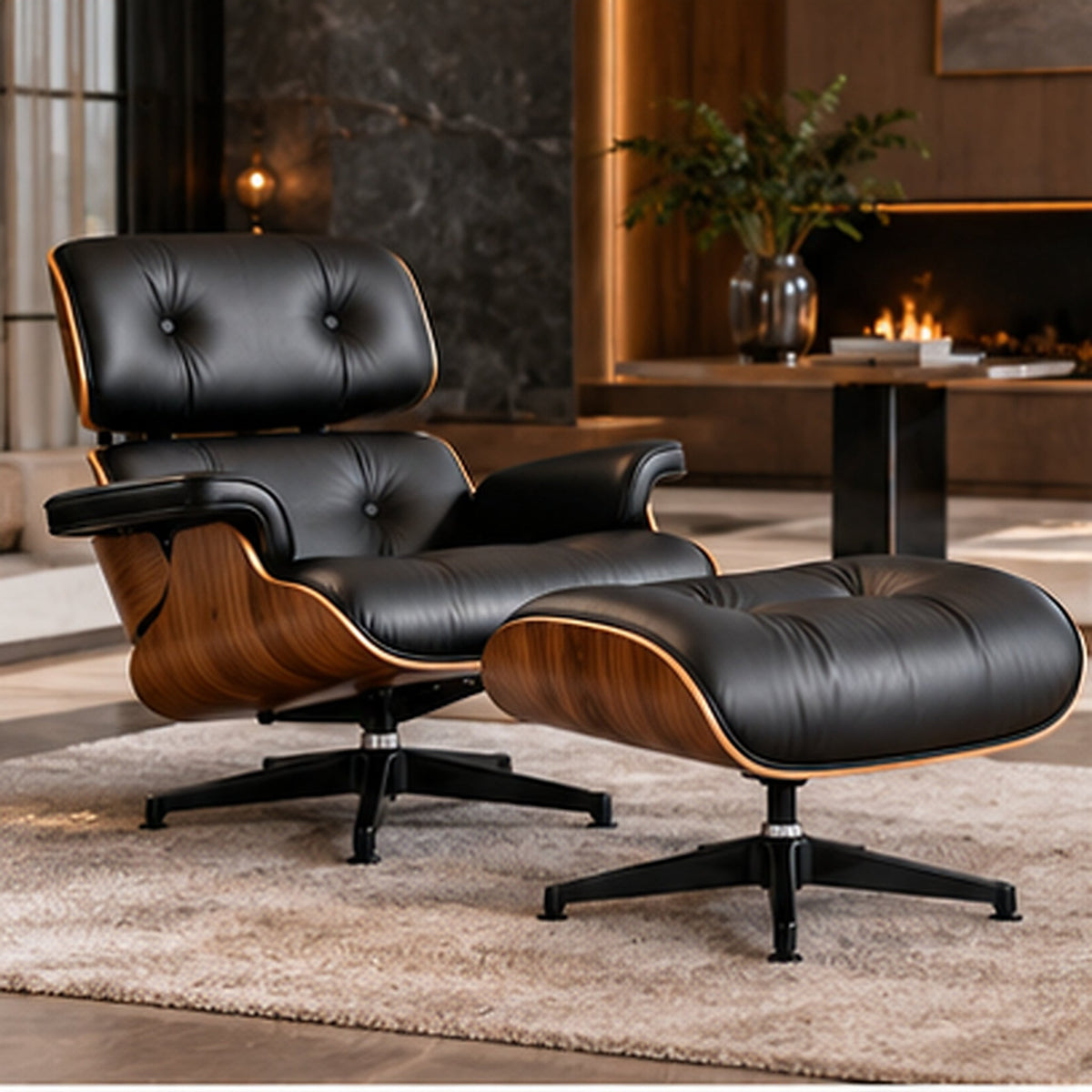 Eames Lounge Chair Replica & Matching Ottoman – Walnut Wood – Black / Black Base – premium lifestyle photo