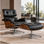 Eames Lounge Chair Replica & Matching Ottoman – Walnut Wood – Black / Chrome Base – premium lifestyle photo
