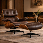 Eames Lounge Chair Replica & Matching Ottoman – Walnut Wood – Chocolate Brown / Black Base – premium lifestyle photo